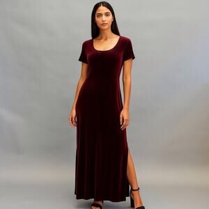Cassini Vintage Burgundy Velvet Maxi Dress Short Sleeve Scoop Neck Size Large